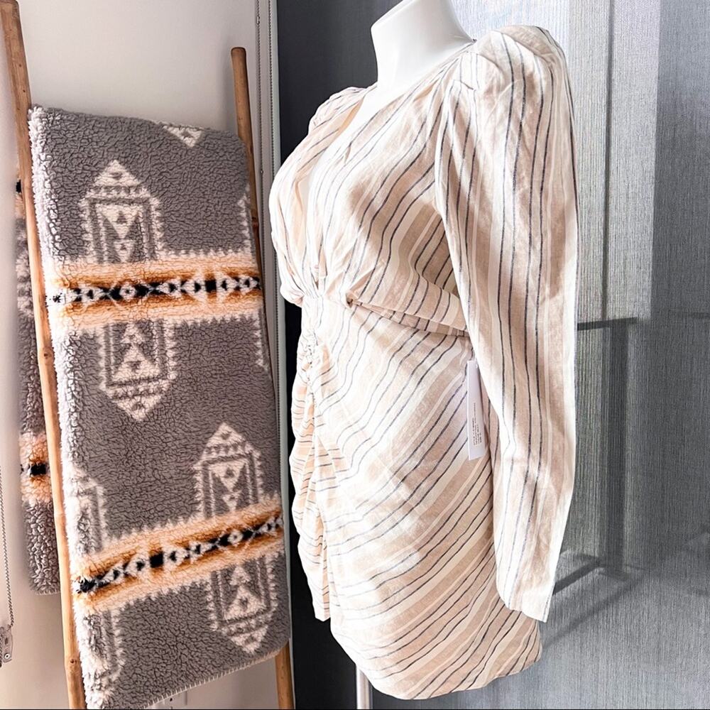 Ronny Kobo Joslyn Beige Striped Linen Blend Ruched Mini Dress Women’s Size XL - Picture 5 of 12